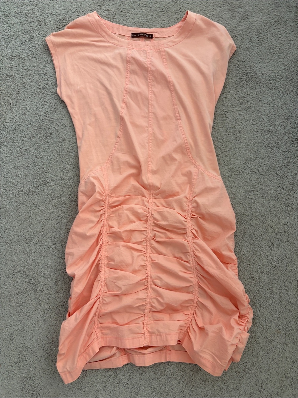 Ruched Peach Midi Dress with Cap Sleeves